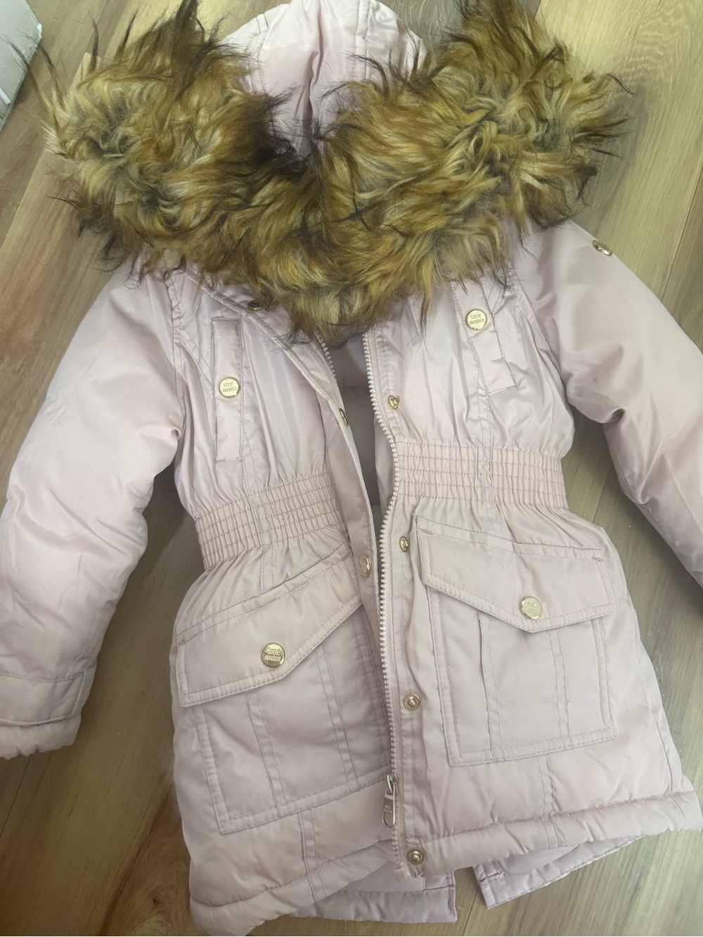 Girls' Light Pink Puffer Coat with Faux-Fur Trim